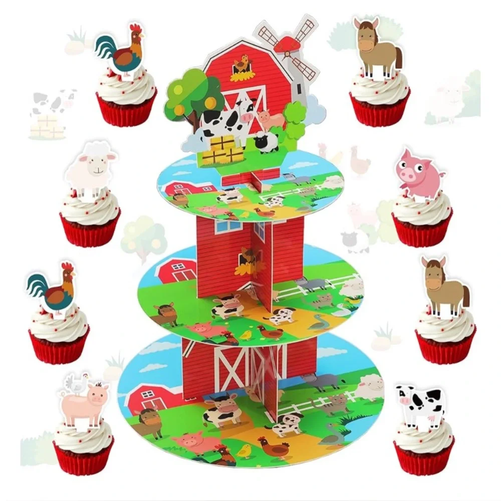 Farm Animal Cupcake Stand and Toppers Set